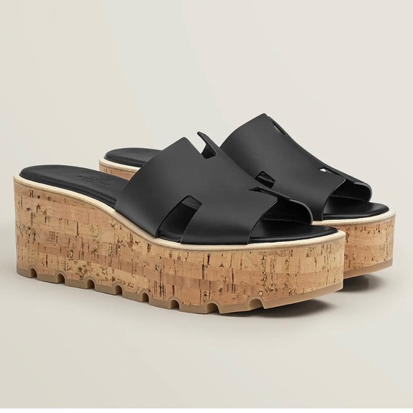 NEW HERMÈS Black Calfskin Leather Eze 30 Platform Sandals - Picture 1 of 15